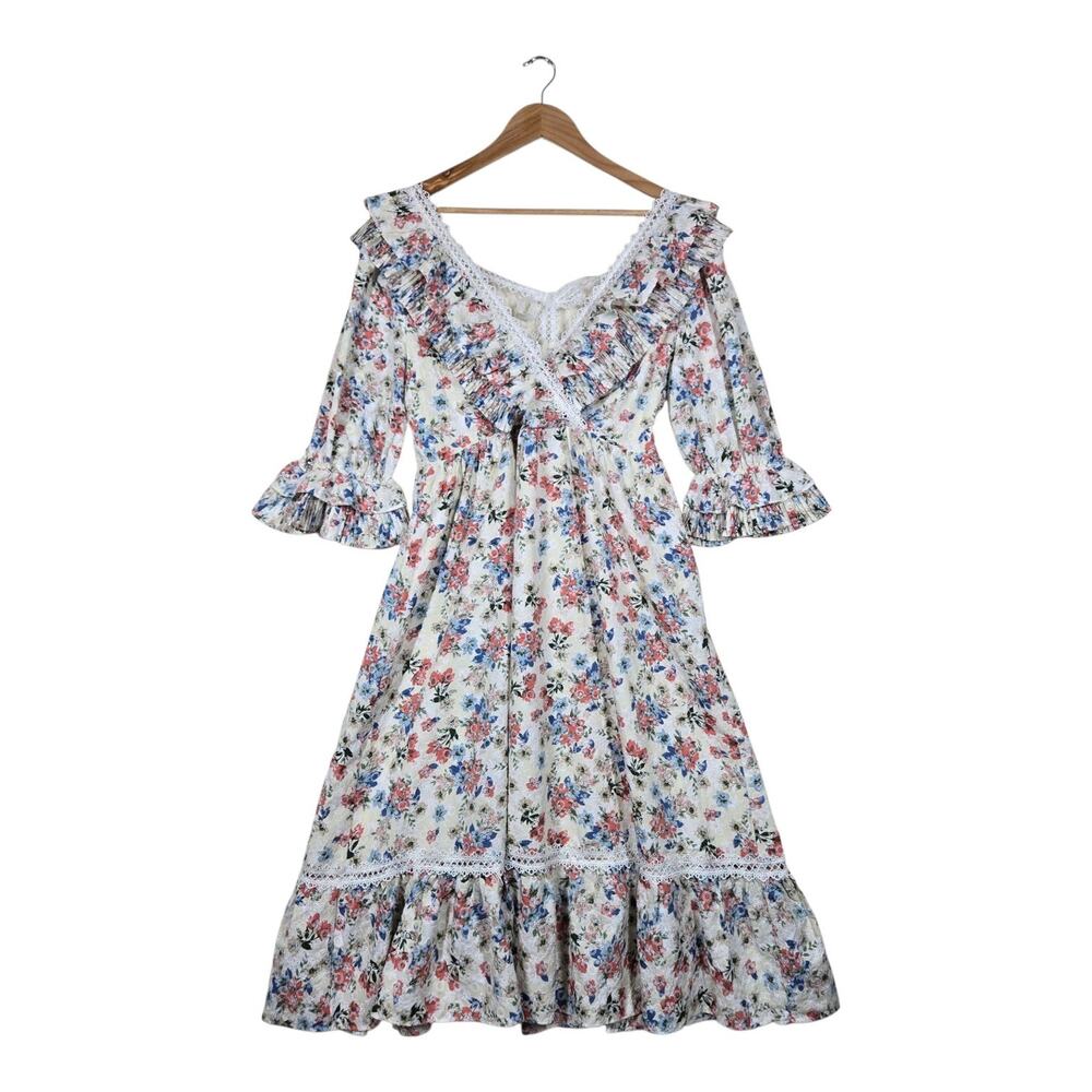 Just Me Dress L Floral Embroidered Cottagecore Prairie Lace Ruffle Midi Romantic